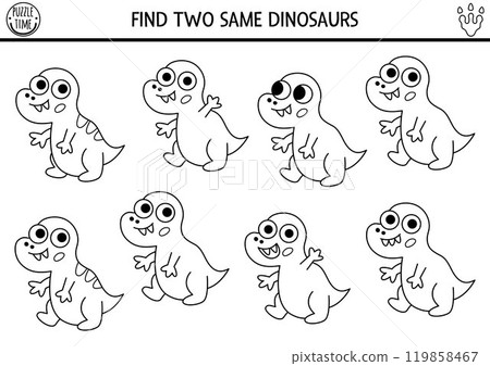 Find two same baby dinosaurs. Prehistoric black and white matching activity. Dino educational line quiz worksheet for kids with ancient animals. Printable game, coloring page with little T-rex, 119858467