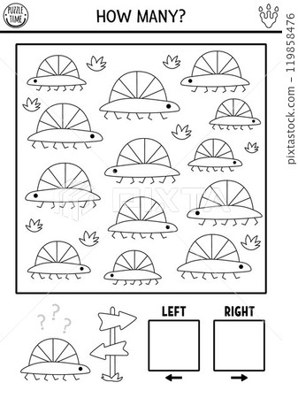 Dinosaur black and white logic game with right and left concept for kids. I spy searching, counting line activity with little ancient animal. Prehistoric printable space orientation worksheet Dinosaur black and white logic game with right and left concept for kids. I spy searching, counting line activity with little ancient animal. Prehistoric printable space orientation worksheet 119858476