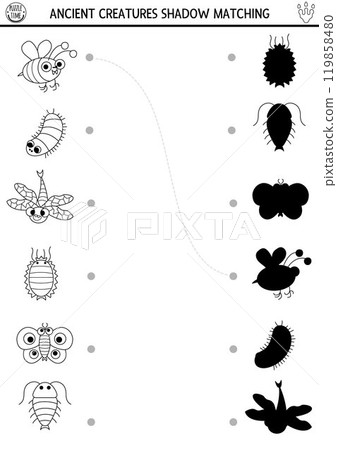 Dinosaur black and white shadow matching activity with ancient insects. Prehistoric line puzzle with cute dragonfly, butterfly, beetle. Find correct silhouette printable worksheet, game, coloring Dinosaur black and white shadow matching activity with ancient insects. Prehistoric line puzzle with cute dragonfly, butterfly, beetle. Find correct silhouette printable worksheet, game, coloring 119858480