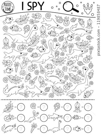 Dinosaur black and white I spy game for kids. Searching and counting line activity with plesiosaur, fish, mosasaur. Prehistoric printable worksheet, coloring page. Water dino spotting puzzle Dinosaur black and white I spy game for kids. Searching and counting line activity with plesiosaur, fish, mosasaur. Prehistoric printable worksheet, coloring page. Water dino spotting puzzle 119858487
