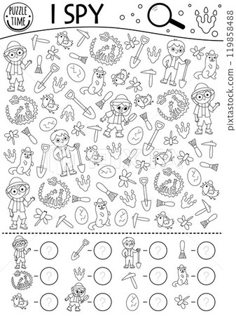 Dinosaur black and white I spy game for kids. Searching and counting line activity with paleontologists, bones, skeleton. Prehistoric printable worksheet, coloring page. Simple dino land spotting 119858488