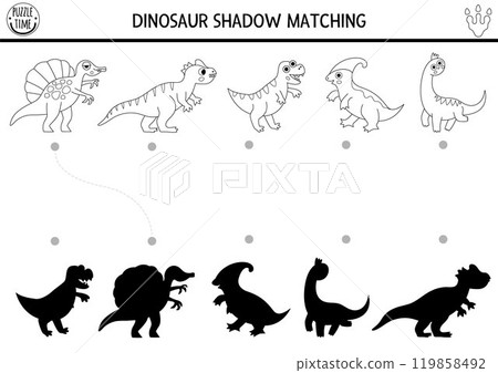Dinosaur black and white shadow matching activity with animals. Prehistoric line puzzle with cute T-rex, brachiosaur. Find correct silhouette printable worksheet, game. Dino coloring page for kids Dinosaur black and white shadow matching activity with animals. Prehistoric line puzzle with cute T-rex, brachiosaur. Find correct silhouette printable worksheet, game. Dino coloring page for kids 119858492