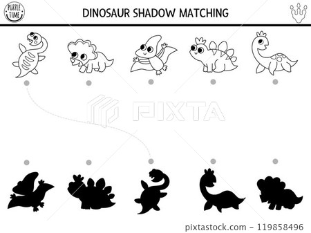 Little dinosaur black and white shadow matching activity with animals. Prehistoric line puzzle with baby stegosaur, triceratops. Find correct silhouette printable worksheet, game. Dino coloring page 119858496