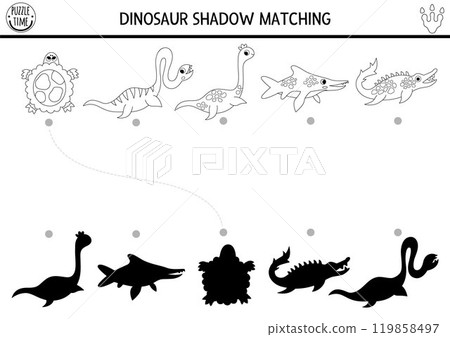 Dinosaur black and white shadow matching activity with water animals. Prehistoric line puzzle with plesiosaur. Find correct silhouette printable worksheet, game. Dino coloring page for kids Dinosaur black and white shadow matching activity with water animals. Prehistoric line puzzle with plesiosaur. Find correct silhouette printable worksheet, game. Dino coloring page for kids 119858497
