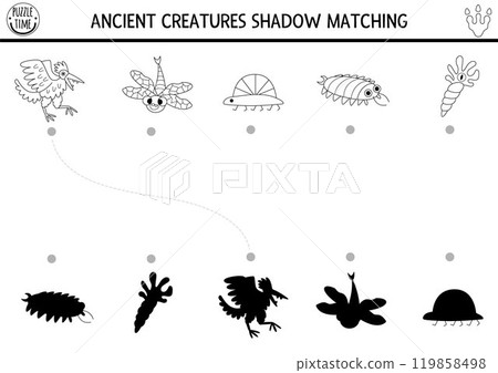 Dinosaur black and white shadow matching activity with ancient animals. Prehistoric line puzzle with cute ammonite, centipede. Find correct silhouette printable worksheet, game, coloring page 119858498