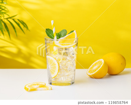 A glass of cold lemonade with lemon, mint and ice on a yellow and white background with a palm leaf A glass of cold lemonade with lemon, mint and ice on a yellow and white background with a palm leaf 119858764