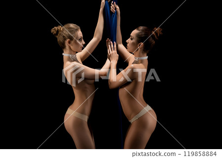 Pretty girls topless with blue cloth profile shot 119858884