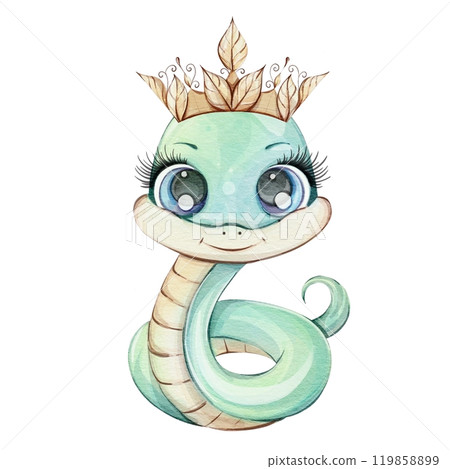 Adorable and Cute Cartoon Snake Character Featuring a Crown and Big Expressive Eyes 119858899