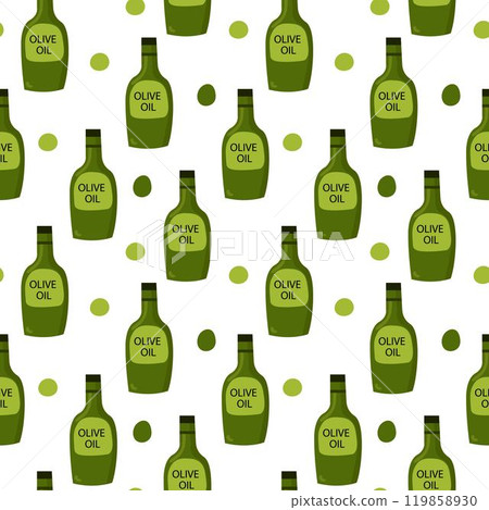 Seamless pattern with olive oil bottle and olives in different shades of green. Seamless pattern with olive oil bottle and olives in different shades of green. 119858930