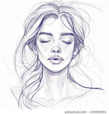 A captivating sketch features a woman with closed eyes, exuding tranquility. Her flowing hair frames her face beautifully, emphasizing her serene expression in a delicate style 119858991