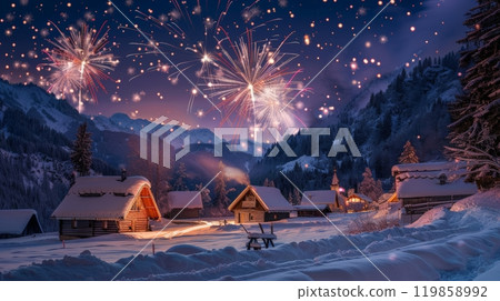 Colorful fireworks burst in the starry sky above a tranquil winter village, where cozy cabins rest under a blanket of snow, celebrating the festive season 119858992