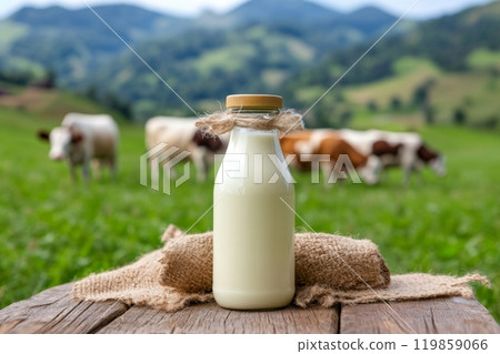 Fresh milk bottle with cows grazing in scenic mountain pasture. National milk day Fresh milk bottle with cows grazing in scenic mountain pasture. National milk day 119859066