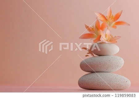 Tranquil balance zen stones with elegant orange lilies on peach background 119859083