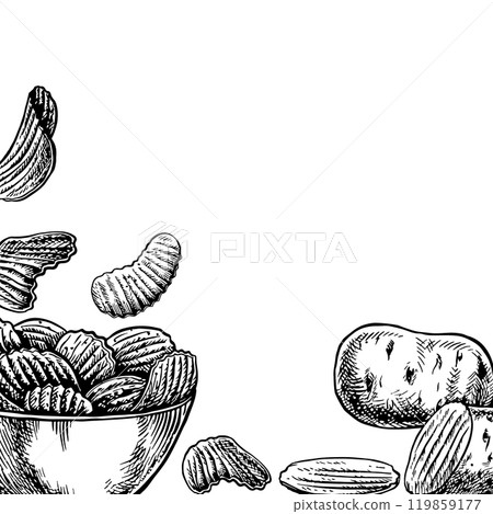A frame with potato chips. Vector graphics depicting chips with a corrugated surface falling into a bowl and potato tubers. A black and white hand-drawn illustration. For labels, posters and packages. A frame with potato chips. Vector graphics depicting chips with a corrugated surface falling into a bowl and potato tubers. A black and white hand-drawn illustration. For labels, posters and packages. 119859177