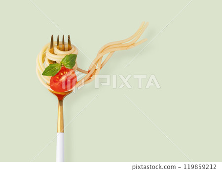 Levitating spaghetti on a fork with a piece of tomato, sauce and basil on a green background. 119859212