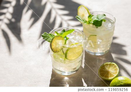 Two glasses with lime lemonade with mint and ice. Refreshing mojito cocktail with citrus fruitsc 119859256