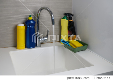 Detergents and sponges with napkins. 119859433