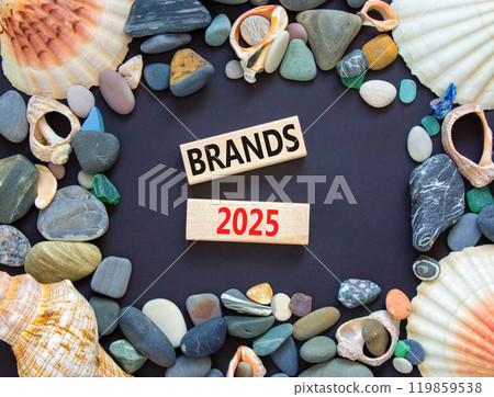 Planning brands 2025 new year symbol. Concept words Brands 2025 on beautiful wooden blocks. Beautiful black background. Beautiful sea stones shell. Business brands 2025 new year concept. Copy space. 119859538
