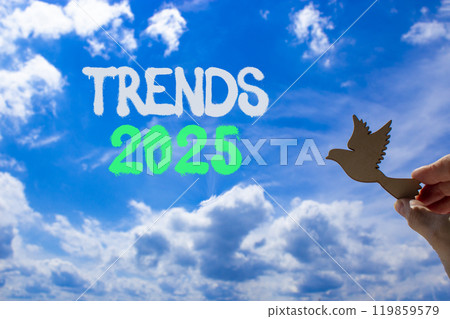Planning trends 2025 new year symbol. Concept words Trends 2025 on beautiful blue sky. Beautiful blue sky clouds background. Hand holds wooden bird. Business trends 2025 new year concept. Copy space. Planning trends 2025 new year symbol. Concept words Trends 2025 on beautiful blue sky. Beautiful blue sky clouds background. Hand holds wooden bird. Business trends 2025 new year concept. Copy space. 119859579