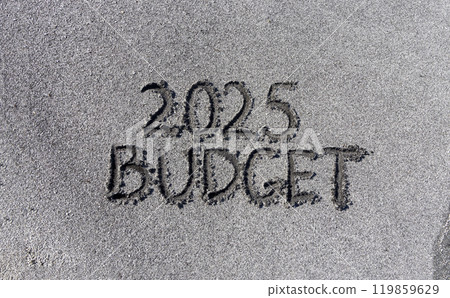 Planning budget 2025 new year symbol. Concept words Budget 2025 written on beautiful sand beach. Beautiful sand beach background. Business budget 2025 new year concept. Copy space. 119859629