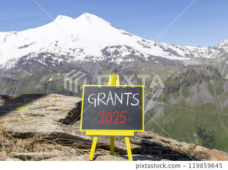 Planning grants 2025 new year symbol. Concept words Grants 2025 on beautiful yellow chalk blackboard. Beautiful mountain Elbrus background. Business grants 2025 new year concept. Copy space. Planning grants 2025 new year symbol. Concept words Grants 2025 on beautiful yellow chalk blackboard. Beautiful mountain Elbrus background. Business grants 2025 new year concept. Copy space. 119859645