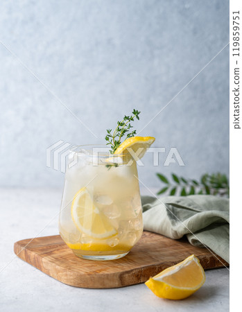 Mojito cocktail with fresh lemon, mint and ice. Refreshing citrus lemonade drink on a wooden board Mojito cocktail with fresh lemon, mint and ice. Refreshing citrus lemonade drink on a wooden board 119859751