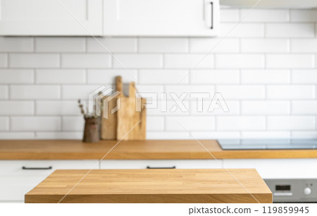 Wooden oak table with free space to display or advertise a product or food  119859945