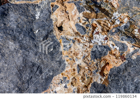 Exploring the intricate textures and colors of natural rock formations along a coastal shore during a sunny afternoon 119860134