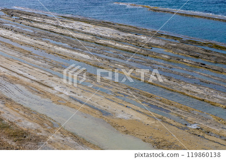 Stunning coastal landscape revealing layered rock formations at low tide under clear blue skies by the tranquil sea 119860138