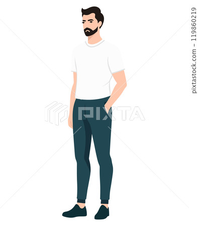 Vector illustration. A man in a white T-shirt and dark trousers, stands in a relaxed pose, his hands are down. Vector illustration. A man in a white T-shirt and dark trousers, stands in a relaxed pose, his hands are down. 119860219