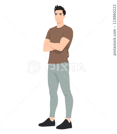 Vector illustration. A man in a brown T-shirt and light trousers stands confidently, arms crossed on his chest. Vector illustration. A man in a brown T-shirt and light trousers stands confidently, arms crossed on his chest. 119860222