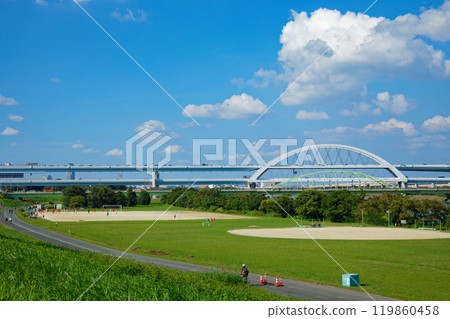 Arakawa riverbed ground and white clouds in the blue sky, Goshikizakura Bridge and Kohoku Junction 119860458