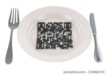 Dinner plate with QR code, 3D rendering 119860578