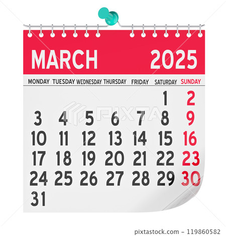 March 2025 Monthly Wall Calendar, 3D rendering March 2025 Monthly Wall Calendar, 3D rendering 119860582