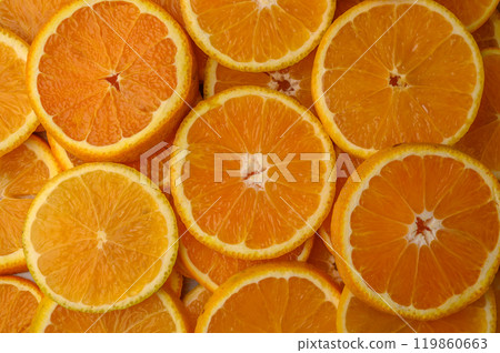 Slices of orange . Flat lay, top view. 119860663