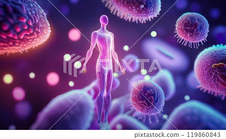 3D illustration of viruses, bacteria, germs, etc. floating near the human body Medical material 3D illustration of viruses, bacteria, germs, etc. floating near the human body Medical material 119860843