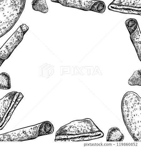A frame with pancakes. A vector graphic image. Black and white hand-drawn illustration. On a white background. A postcard for the Carnival holiday. For menus, posters or stickers, for cooking recipes. 119860852
