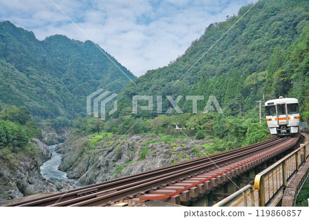 [Hida River's Hisuikyo Gorge and JR Takayama Main Line] Photographed at: Kamiaso, Hichiso-cho, Kamo-gun, Gifu Prefecture 119860857