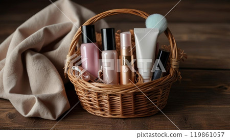 A selection of personal care products displayed in a decorative basket, showing a variety of personal care items. 119861057