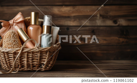 A selection of personal care products displayed in a decorative basket, showing a variety of personal care items. 119861102