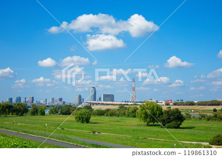 從荒川河床看川口元鄉住宅區,藍天白雲 從荒川河床看川口元鄉住宅區,藍天白雲 119861310