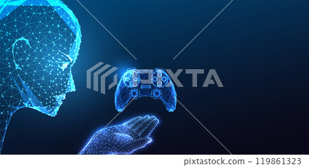 AI advancement in gaming industry concept with robotic head holding game controller on dark blue  119861323