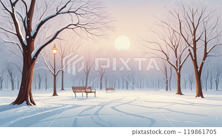 A solitary girl enjoys a quiet winter walk through an empty park, surrounded by bare trees and softly falling snow at sunset 119861705