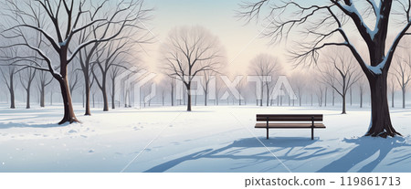 A woman strolls through a winter park, admiring the serene beauty of snow-covered trees and an empty bench during a quiet afternoon 119861713