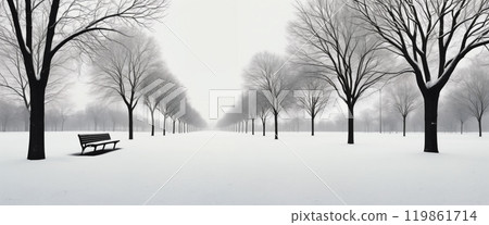 A solitary woman walks through a snow-covered park lined with bare trees under a grey winter sky, enjoying the serene beauty of the empty landscape A solitary woman walks through a snow-covered park lined with bare trees under a grey winter sky, enjoying the serene beauty of the empty landscape 119861714