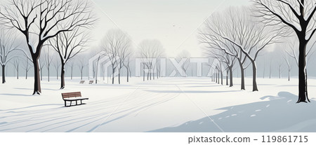 A tranquil winter park with a solitary woman walking amidst bare trees and snowy paths under a pale sky A tranquil winter park with a solitary woman walking amidst bare trees and snowy paths under a pale sky 119861715