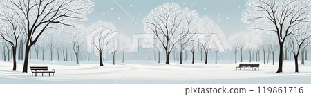 A woman strolls through a deserted winter park, surrounded by bare trees and a peaceful snowy landscape, enjoying the tranquility of a cold day 119861716