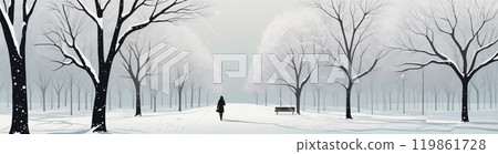 A woman walks alone in a winter park surrounded by bare trees and snow-covered paths, embracing the calm and serenity of the cold season A woman walks alone in a winter park surrounded by bare trees and snow-covered paths, embracing the calm and serenity of the cold season 119861728