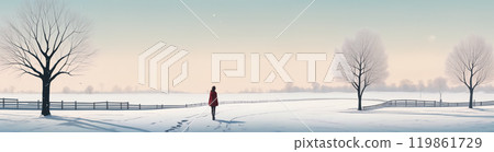 A woman walks thoughtfully through an empty winter park, surrounded by snow-covered trees and a serene landscape at dusk A woman walks thoughtfully through an empty winter park, surrounded by snow-covered trees and a serene landscape at dusk 119861729