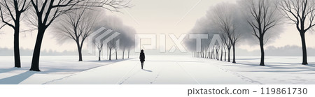 A woman walks alone through a winter park surrounded by bare trees, experiencing the tranquility of the snowy landscape during a quiet afternoon A woman walks alone through a winter park surrounded by bare trees, experiencing the tranquility of the snowy landscape during a quiet afternoon 119861730